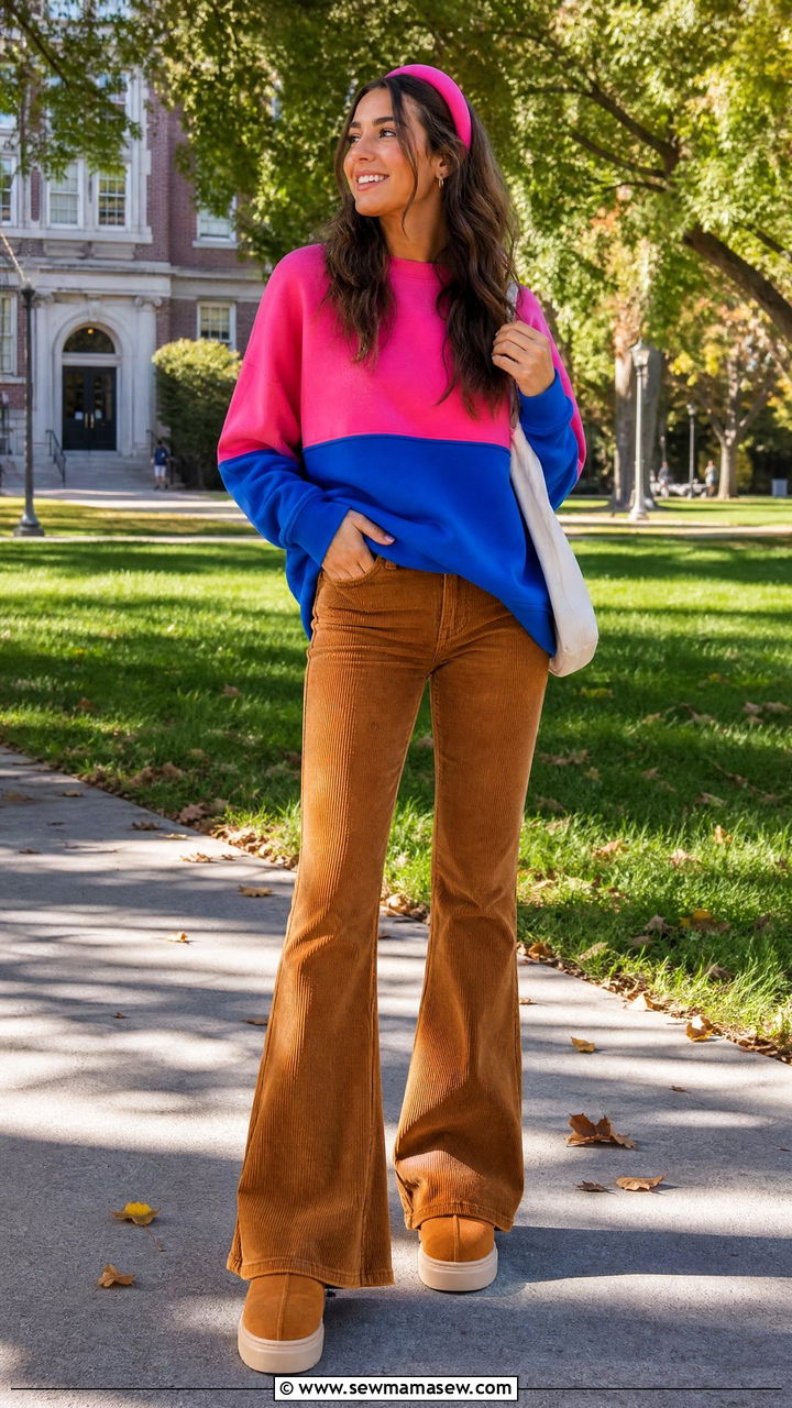 Color Block Crewneck And Corduroy Flare Jeans Outfit - 25 Fashion for college sophomore