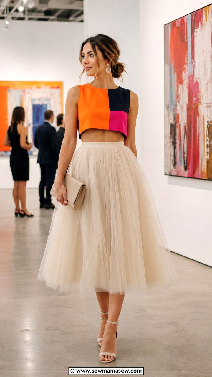 Color Block Crop Top with a Neutral Tulle Skirt - 20 Tulle skirt outfit ideas with a crop top
