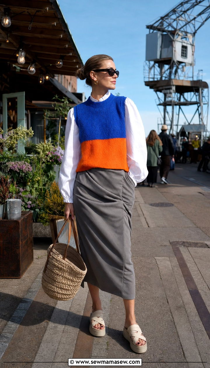Color Block Knit Vest With A Draped Skirt - 25 cute Copenhagen outfits