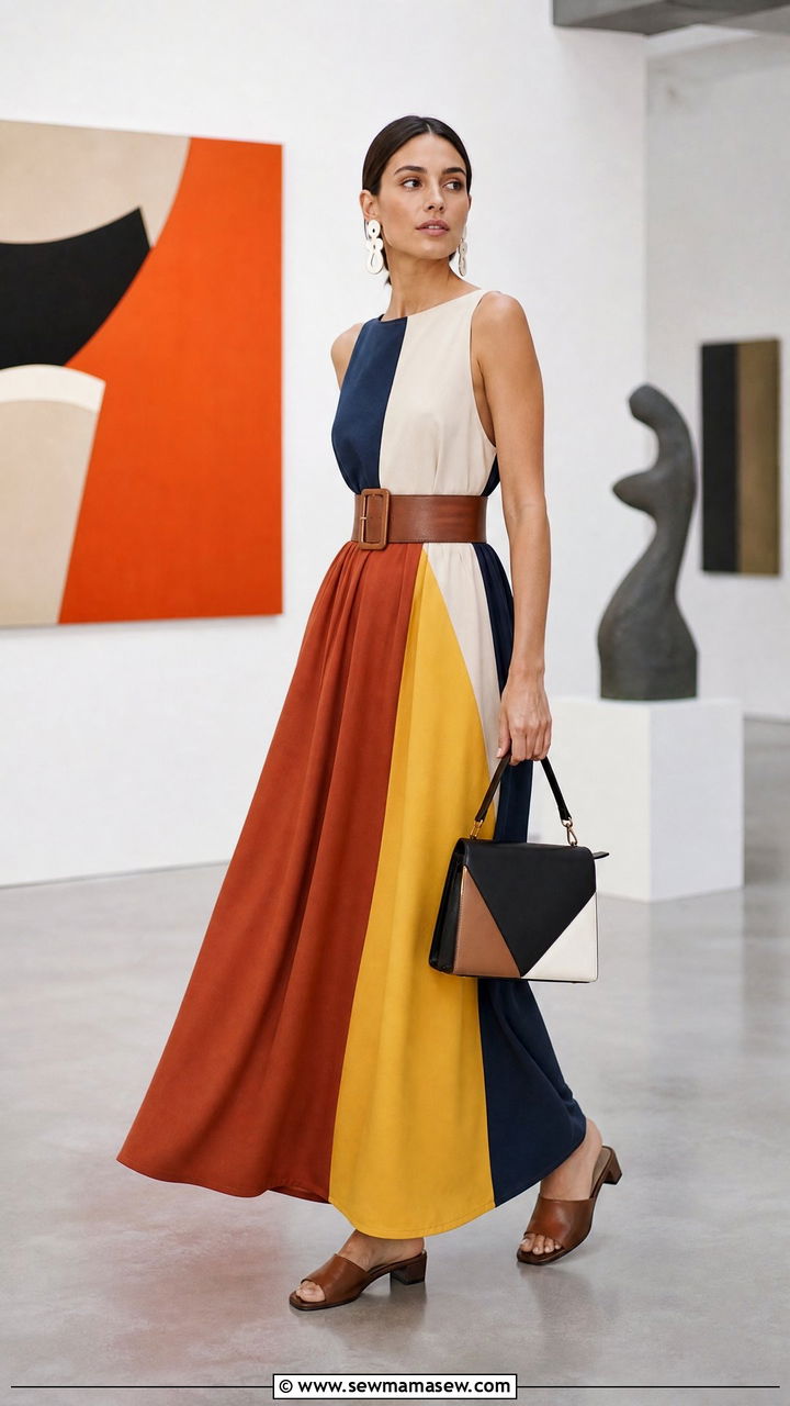 Color Block Maxi Dress with Wide Leather Belt and Mules - 30 Maxi dress outfit ideas with a belt