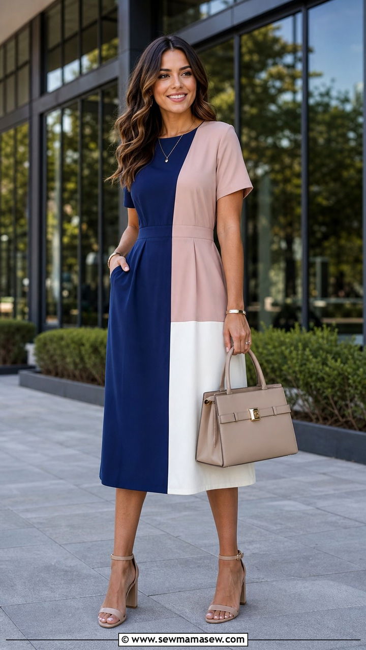 Color Block Midi Dress with Block Heels and Structured Bag - 35 casual midi dress outfits