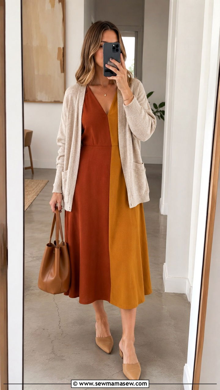 Color Block Midi Dress with Neutral Cardigan - 30 Midi dress with cardigan outfit ideas