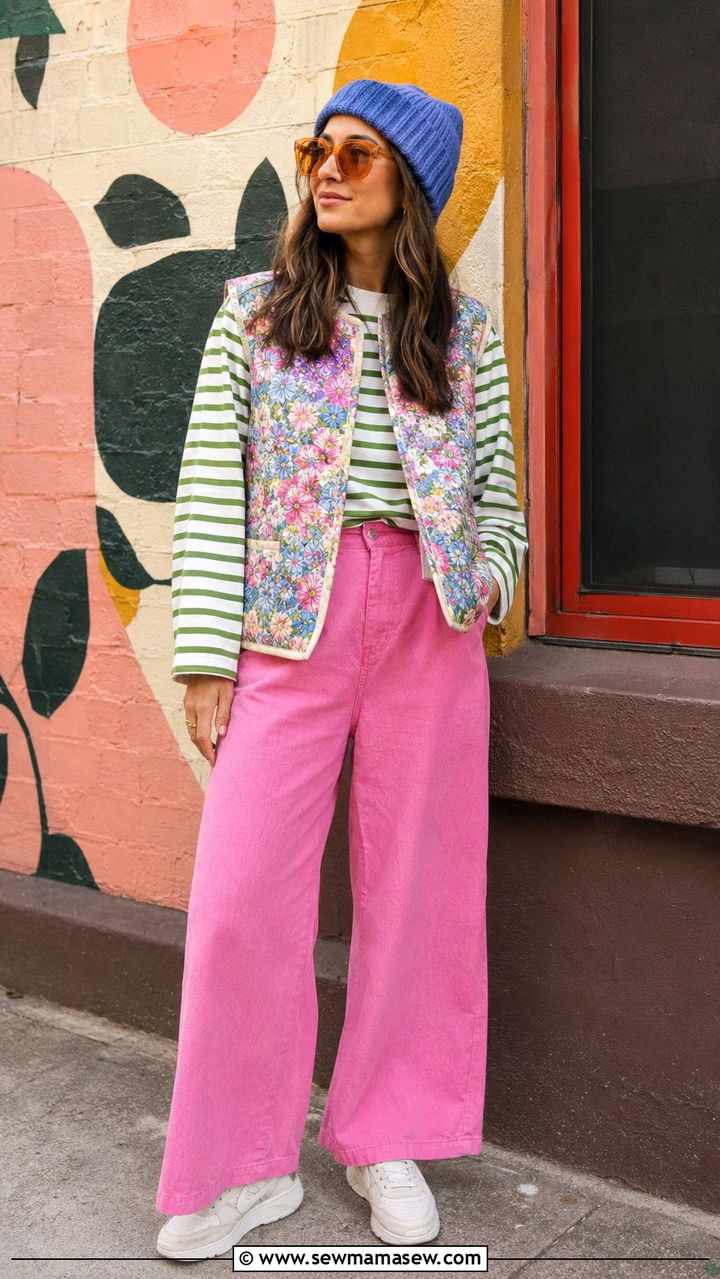 Color Block Striped Tee With Floral Vest - 30 trendy outfits inspo