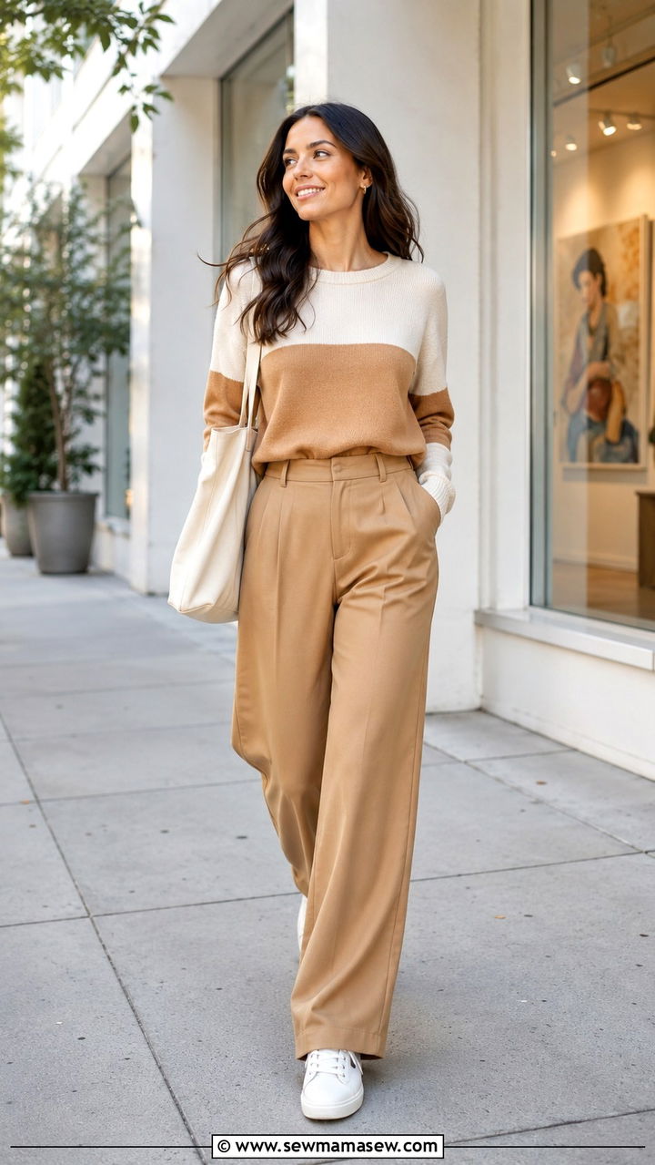 Color Block Sweater And Wide Leg Pants - 25 Wide leg pants outfit ideas with a sweater