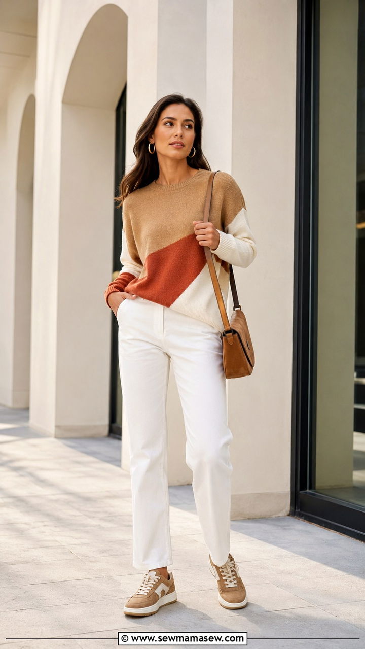 Color Block Sweater With White Trousers and Tan Sneakers - 30 Spring outfits with sneakers