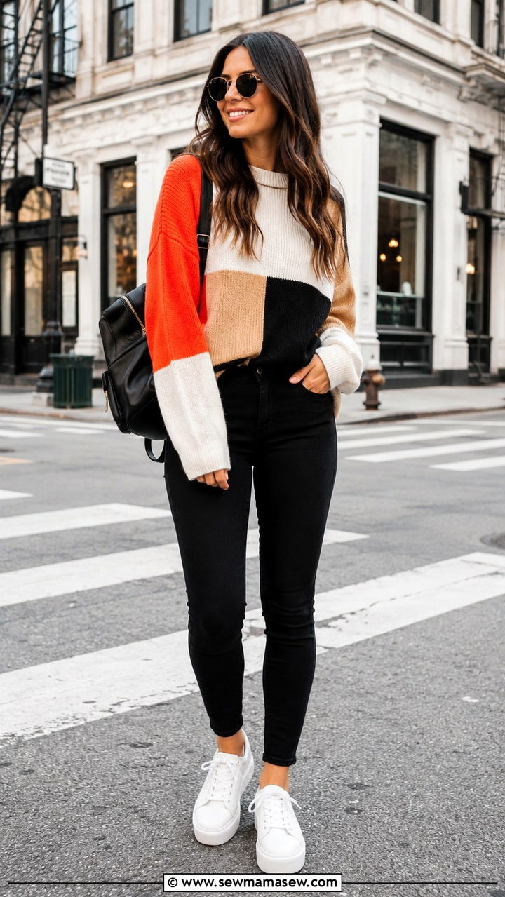 Color Block Sweater with Black Skinny Jeans and Platform Sneakers - 30 Oversized sweater with jeans outfit ideas
