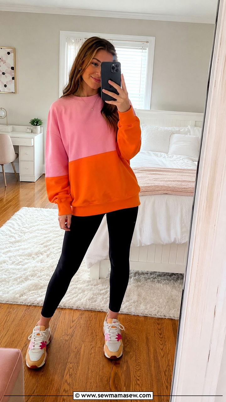 Color Block Sweatshirt With Leggings and Colorful Sneakers - 30 Trendy outfits for 15 year olds