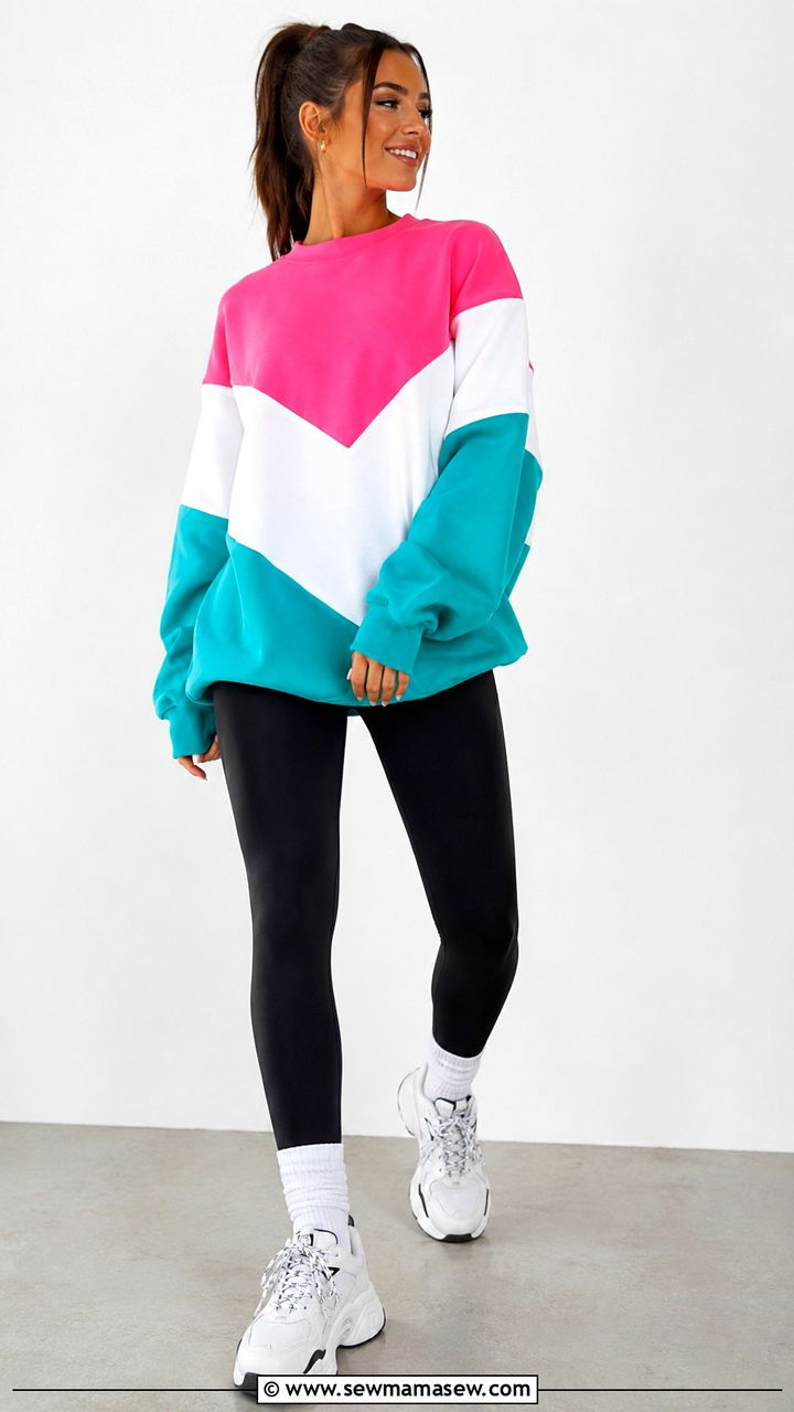 Color Block Sweatshirt with Leggings and Chunky Trainers - 30 Sweatshirt and leggings outfit ideas