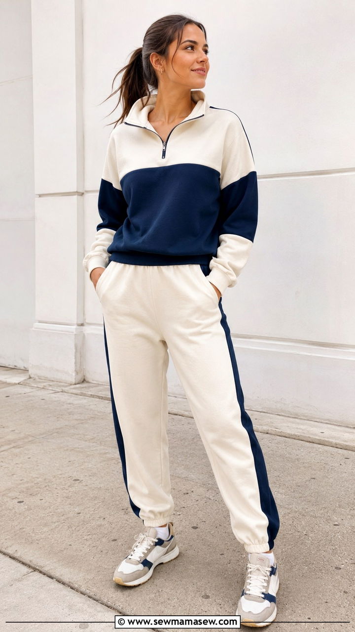 Color Block Sweatsuit With Retro Sneakers - 30 Sweatsuit outfit ideas women