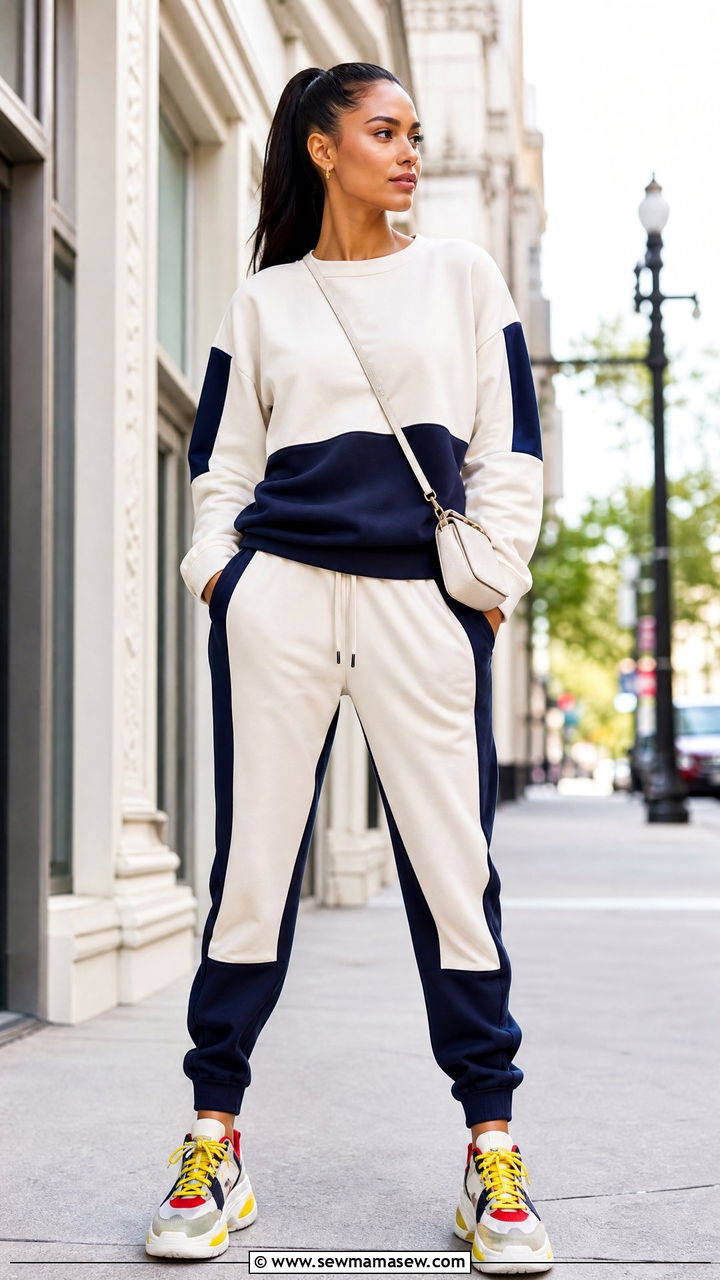 Color Block Sweatsuit with Statement Sneakers - 25 Matching sweatsuit outfit ideas