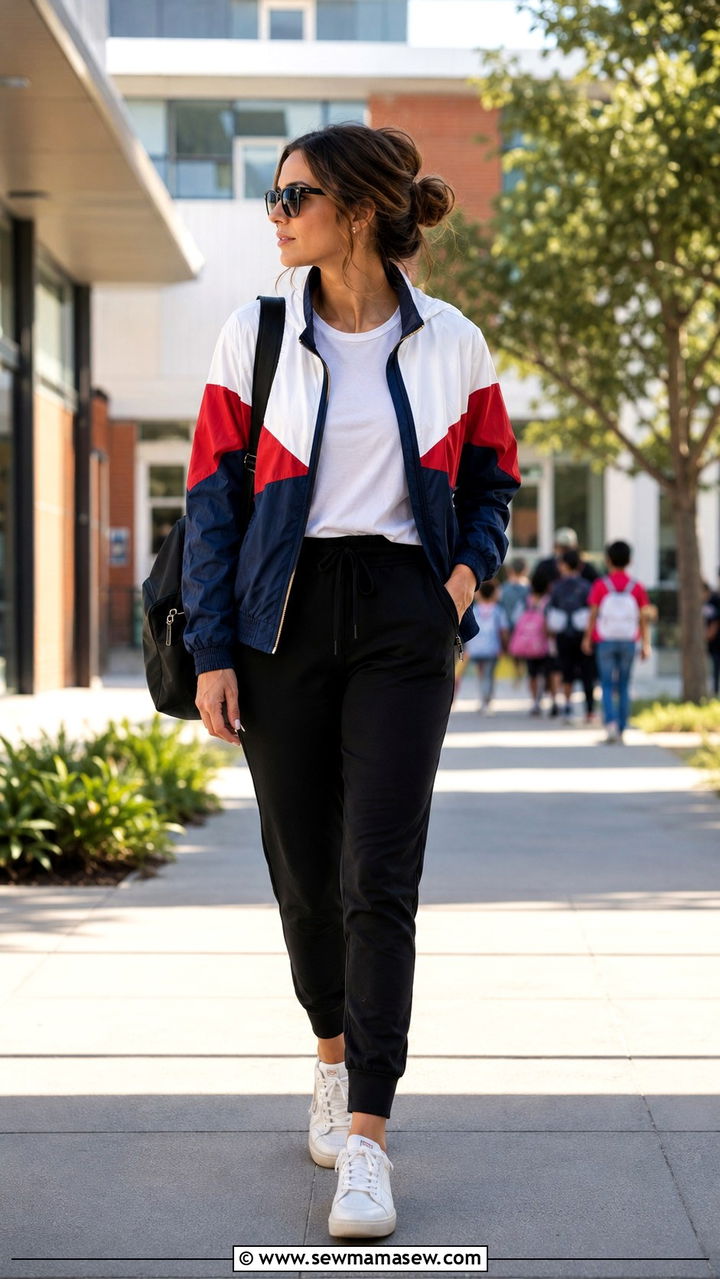 Color Block Track Jacket White Tee And Black Joggers - 25 Athleisure outfit ideas school run