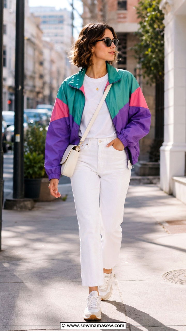 Color Block Track Jacket with White Jeans and Retro Sneakers - 30 sporty chic outfits to copy
