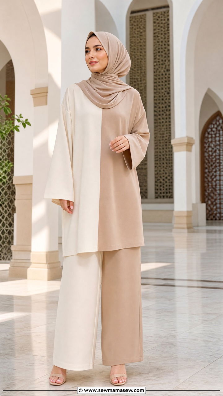Color Block Two Piece Set With Hijab - 20 Modest outfit ideas for mosque