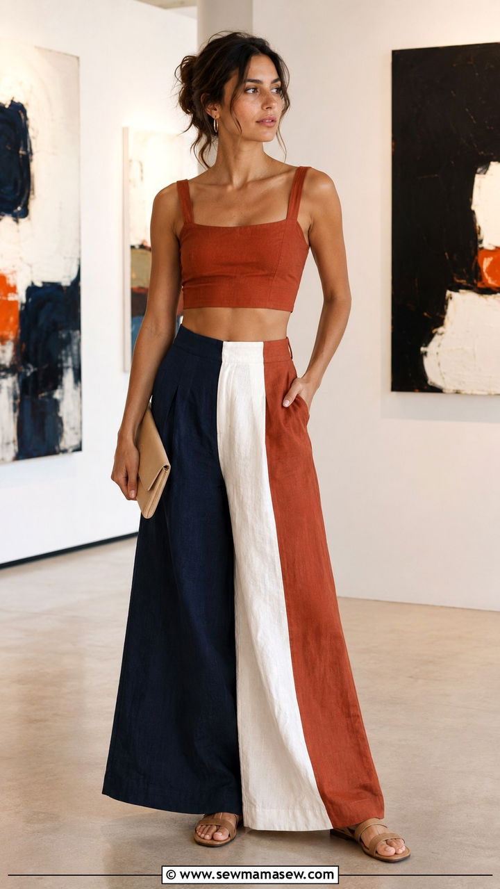 Color Block Wide Leg Linen Pants With Solid Crop Top - 25 Wide leg linen pants outfit ideas with a crop top
