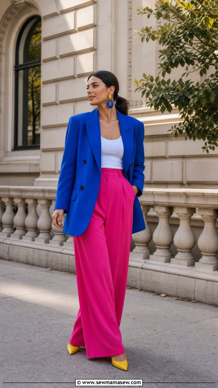 Color Block Wide Leg Pants with Neon Blazer Outfit - 35 maximalist outfits aesthetic