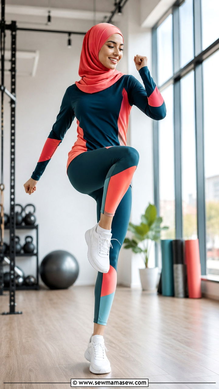 Color Blocked Activewear with Contrast Sports Hijab - 25 Modest gym outfit ideas with hijab