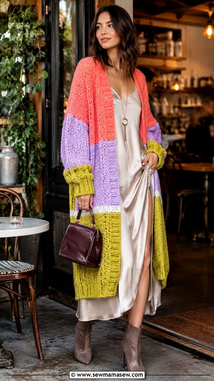 Color Blocked Cardigan Over A Slip Dress With Ankle Boots - 30 casual maximalist outfits