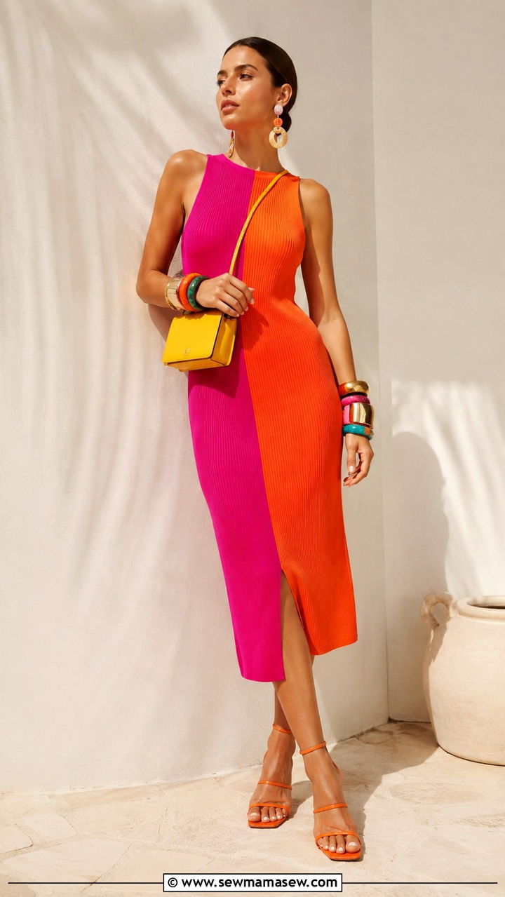 Color Blocked Knit Dress With Contrasting Accessories - 30 maximalist outfits ideas