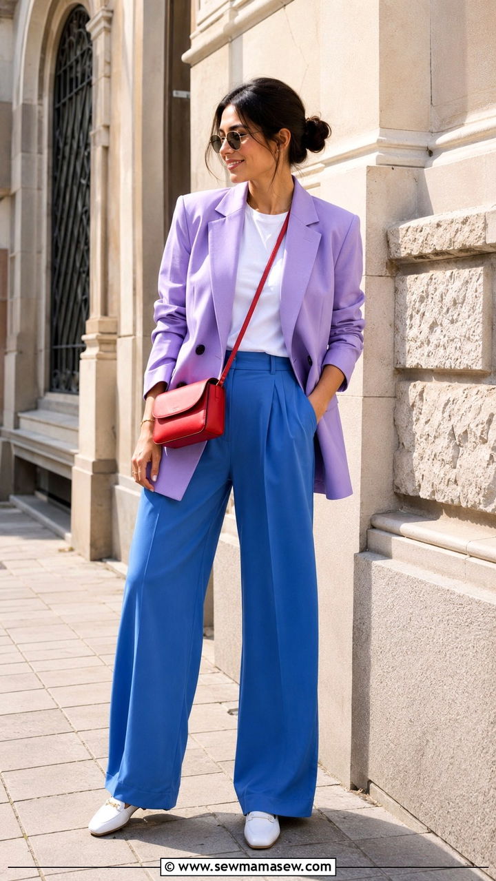 Color Blocked Lavender Blazer With Bright Blue Trousers - 25 80s luxury outfit ideas 2026