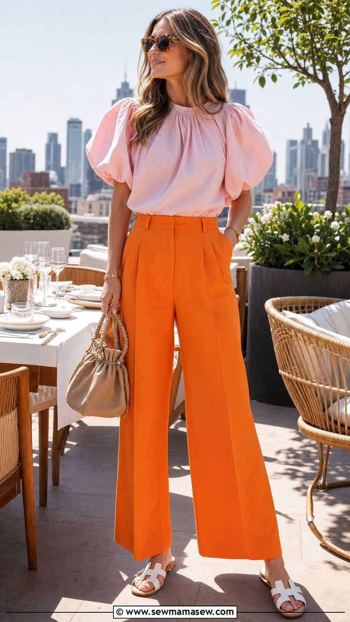 Color Blocked Orange Trousers With Pink Blouse - 25 spring summer 2026 outfits ideas