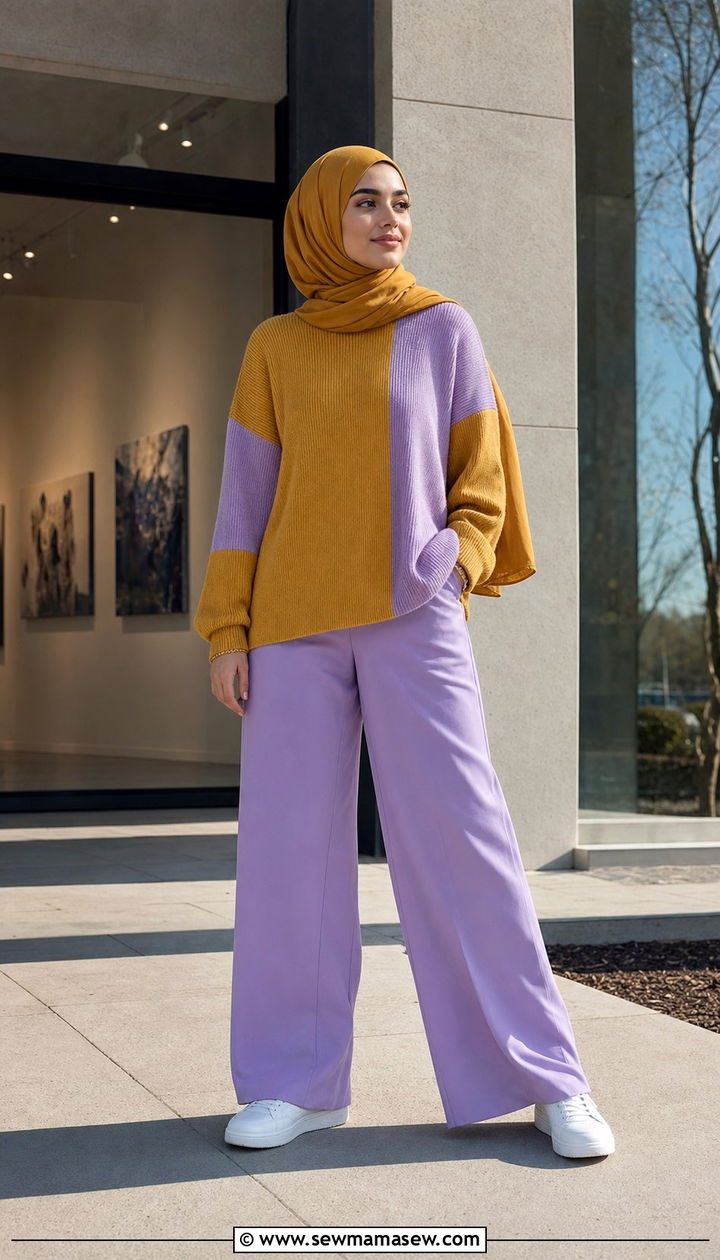Color Blocked Sweater With Wide Leg Trousers Outfit - 25 spring outfits for hijab women