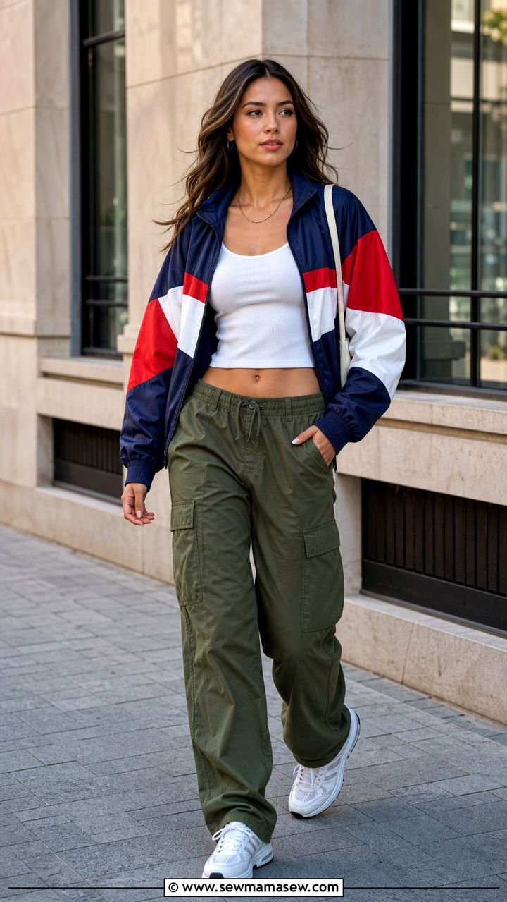 Color Blocked Track Jacket and Cargo Pants Outfit - 25 Sporty chic outfit ideas running