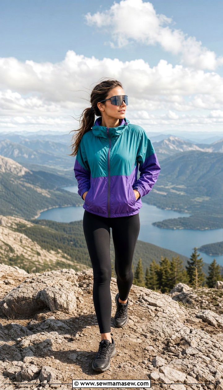 Color Blocked Windbreaker With Leggings and Trail Shoes - 25 Sporty chic outfit ideas hiking