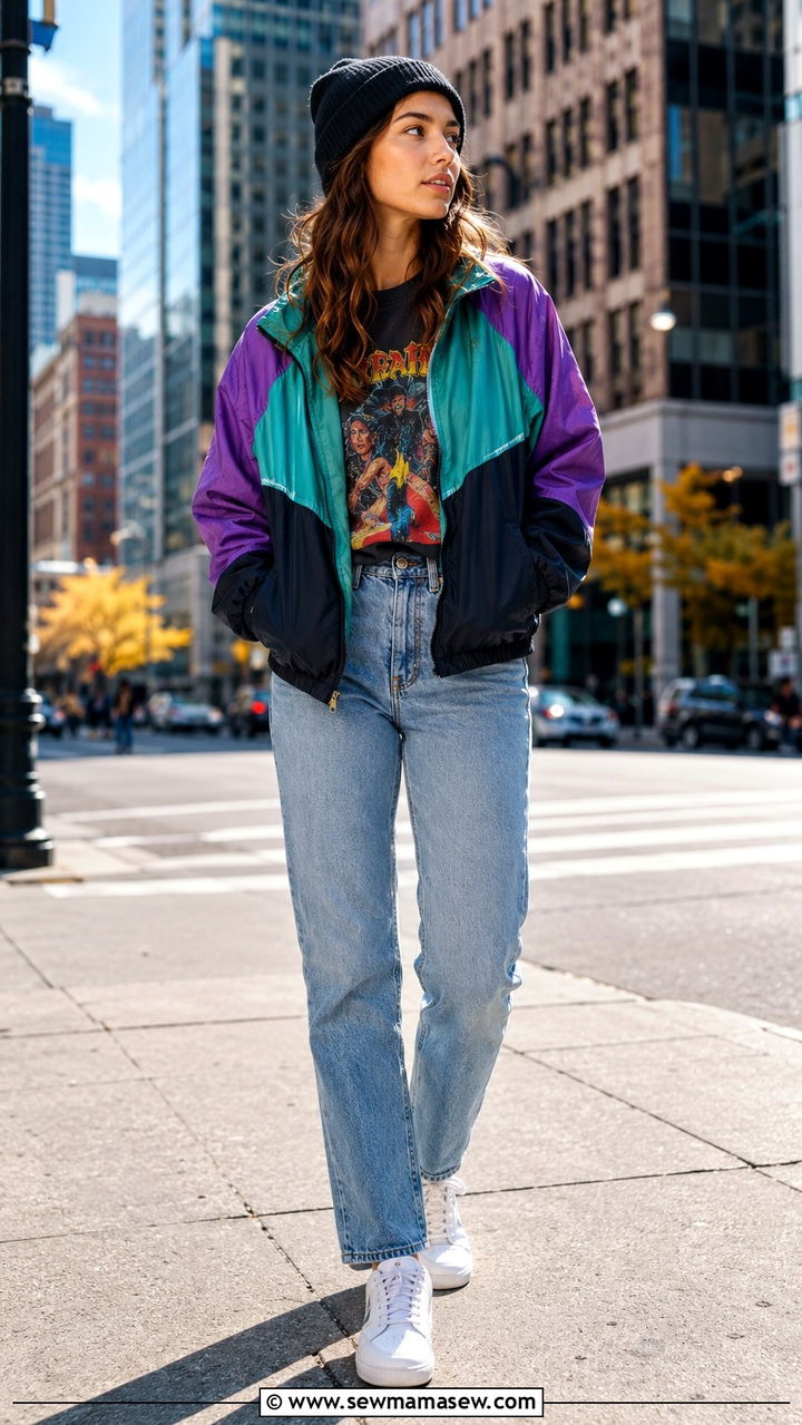 Color Blocked Windbreaker With Straight Leg Jeans And A Graphic Tee - 30 casual windbreaker outfits