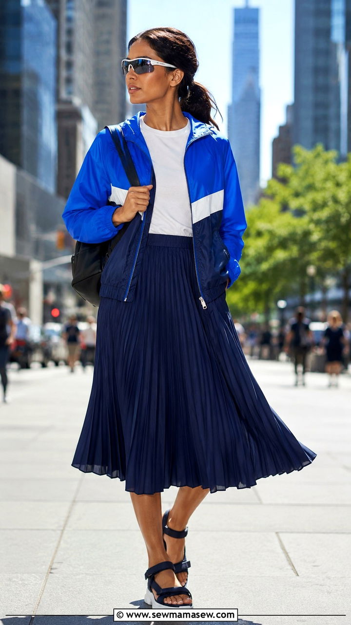 Color Blocked Windbreaker With a Pleated Skirt and Sporty Sandals - 25 2026 outfits casual