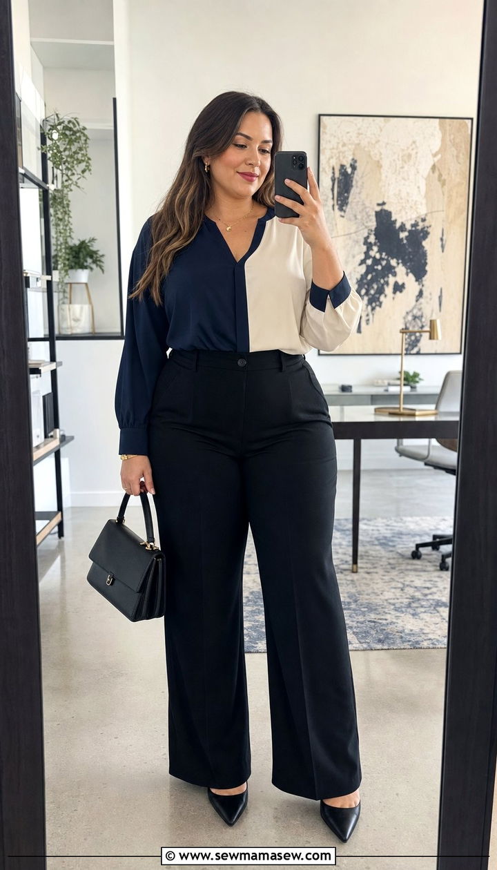 Color Blocking Blouse with High Waisted Trousers - 35 Business casual outfits plus size