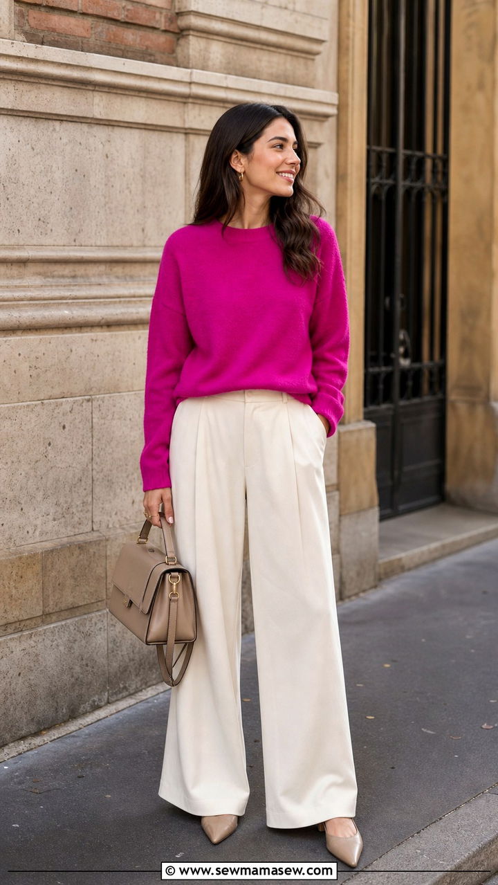 Color Pop Knit with Neutral Trousers - 40 Milan outfit ideas