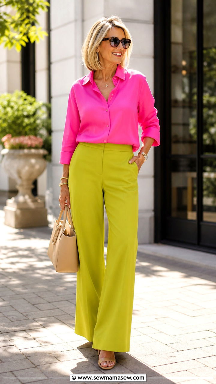 Color block blouse with wide leg trousers spring outfit - 40 Spring outfit ideas for women over 40 2026