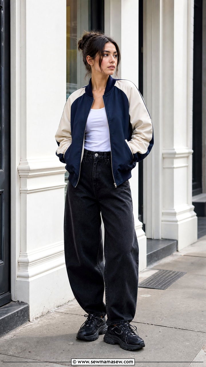Color block bomber jacket with barrel jeans - 30 Bomber jacket outfit ideas with jeans
