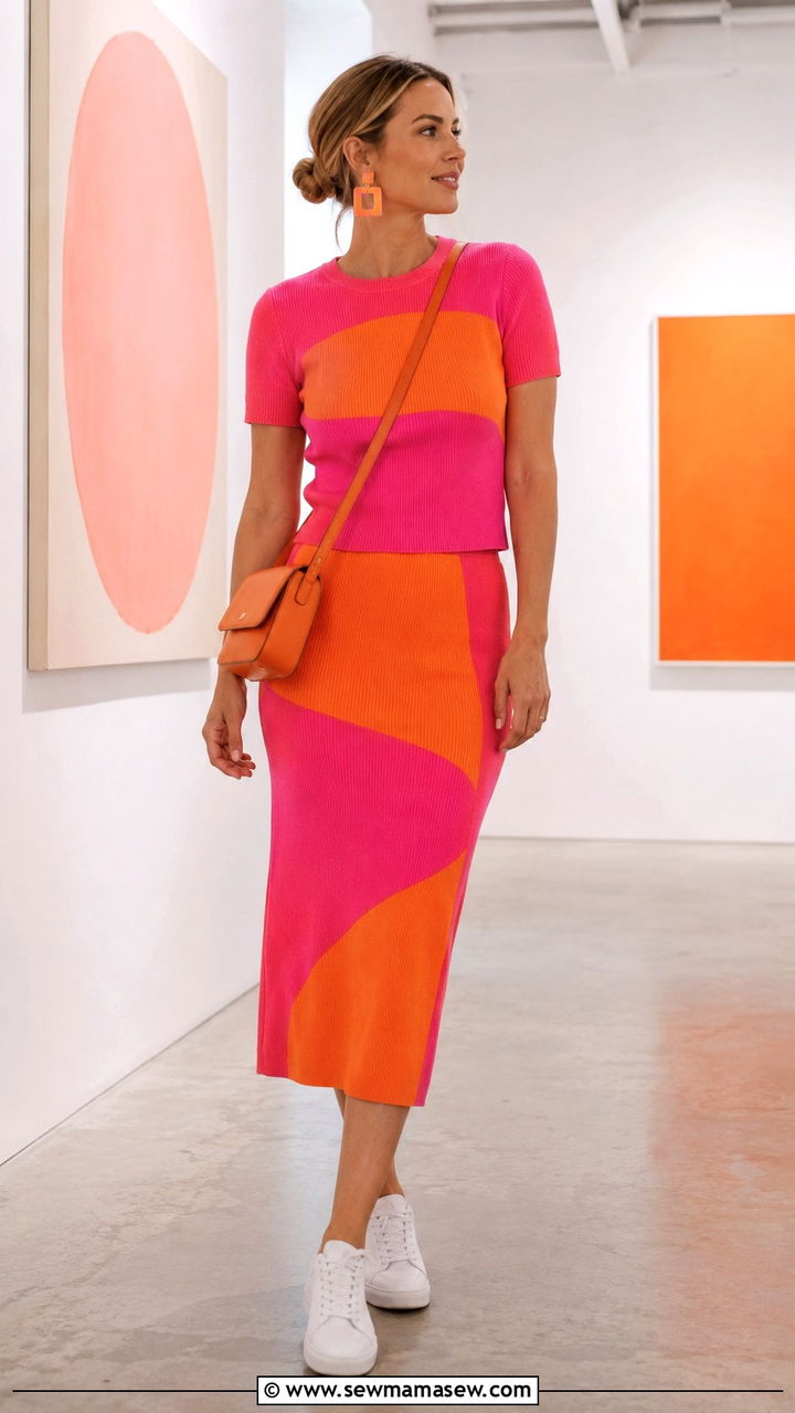 Color block knit top and contrast midi skirt set - 30 Top and skirt matching set outfit ideas