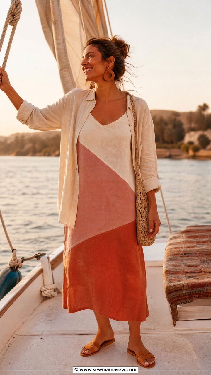 Color block linen midi dress with slide sandals outfit - 25 Cairo outfit ideas