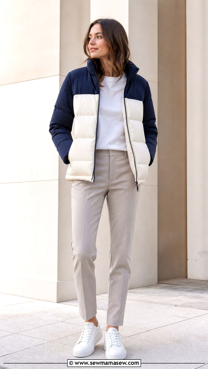 Color block puffer jacket with neutral trousers - 40 Puffer jacket outfit ideas