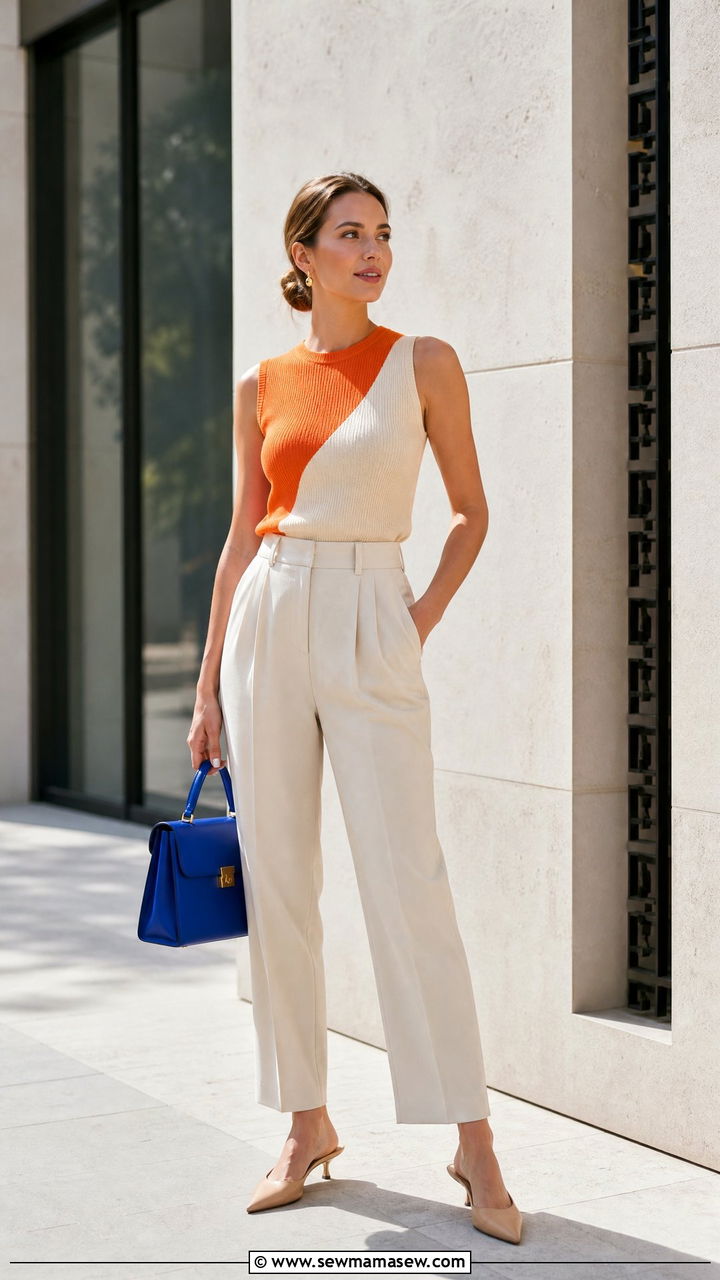 Color block sleeveless top with neutral tailored trousers - 20 Simple summer outfit ideas 2026