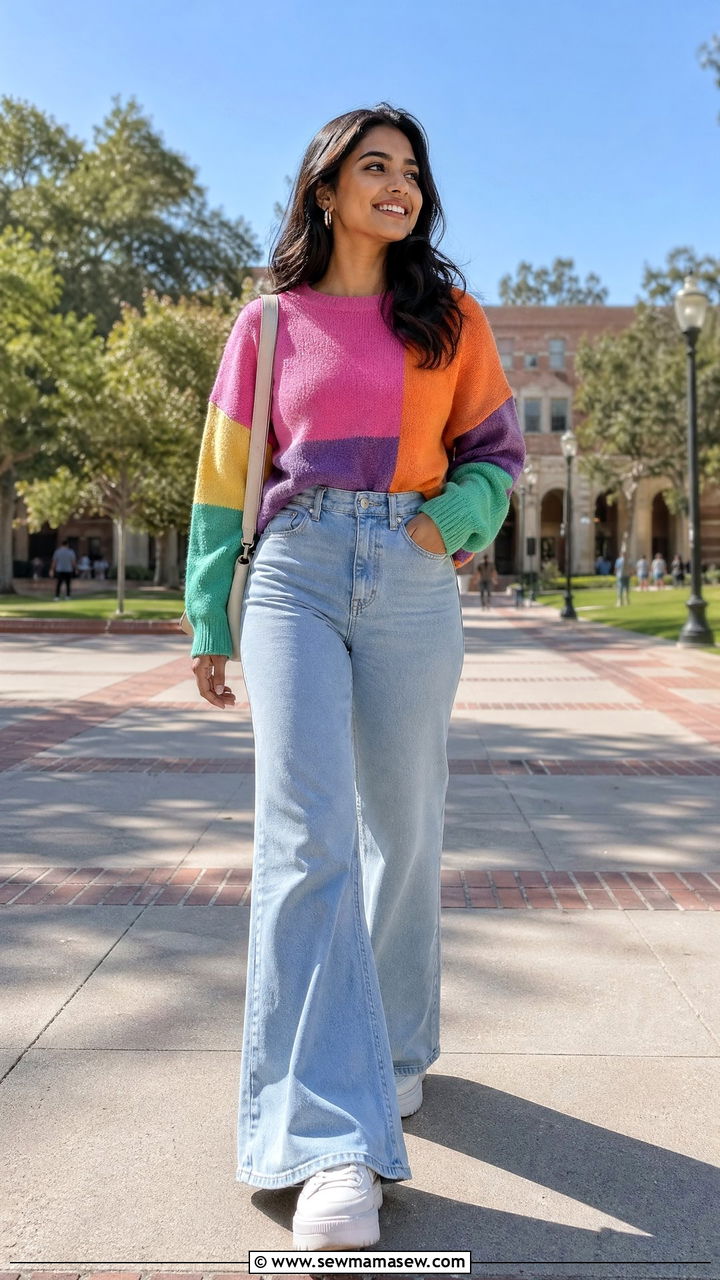 Color block sweater and flare jeans bold look - 35 First day of college outfit ideas