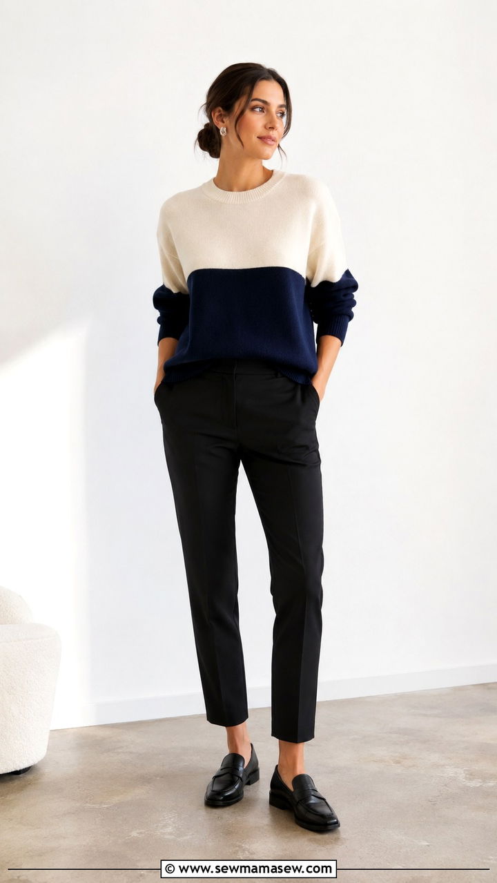 Color block sweater black trousers and loafers - 25 Virtual presentation outfit ideas