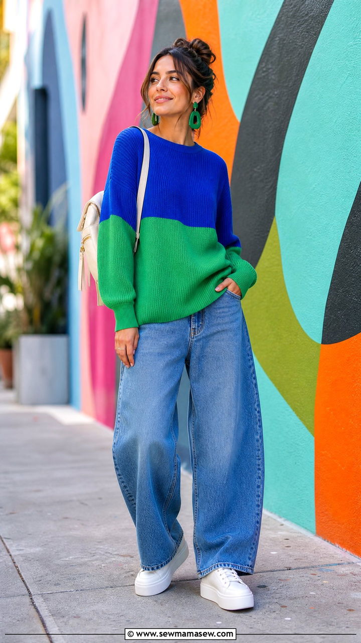 Color block sweater with barrel jeans and platform sneakers - 25 Barrel jeans outfit ideas with a sweater