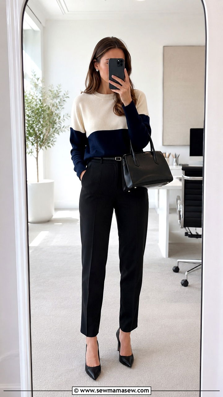 Color block sweater with black tailored trousers and heels - 30 Sweater outfit ideas for work