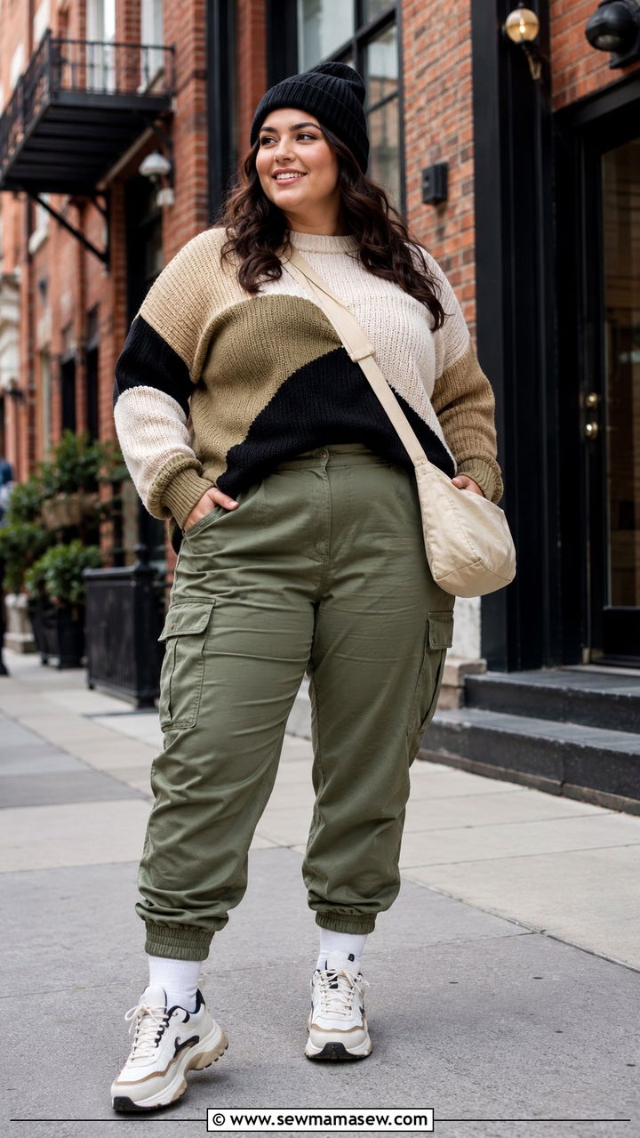 Color block sweater with cargo pants outfit - 30 Sweater outfit ideas plus size