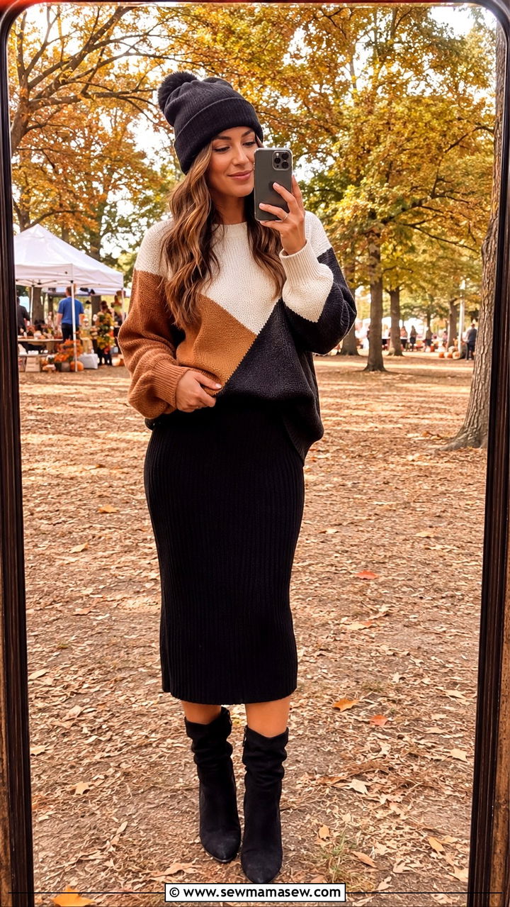Color block sweater with midi skirt and slouchy boots - 30 Midi skirt outfit ideas with a sweater