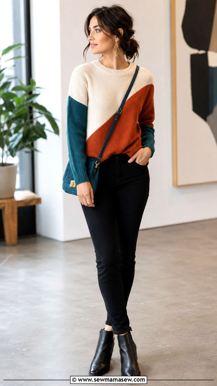 Color block sweater with skinny jeans - 30 Skinny jeans outfit ideas with a sweater
