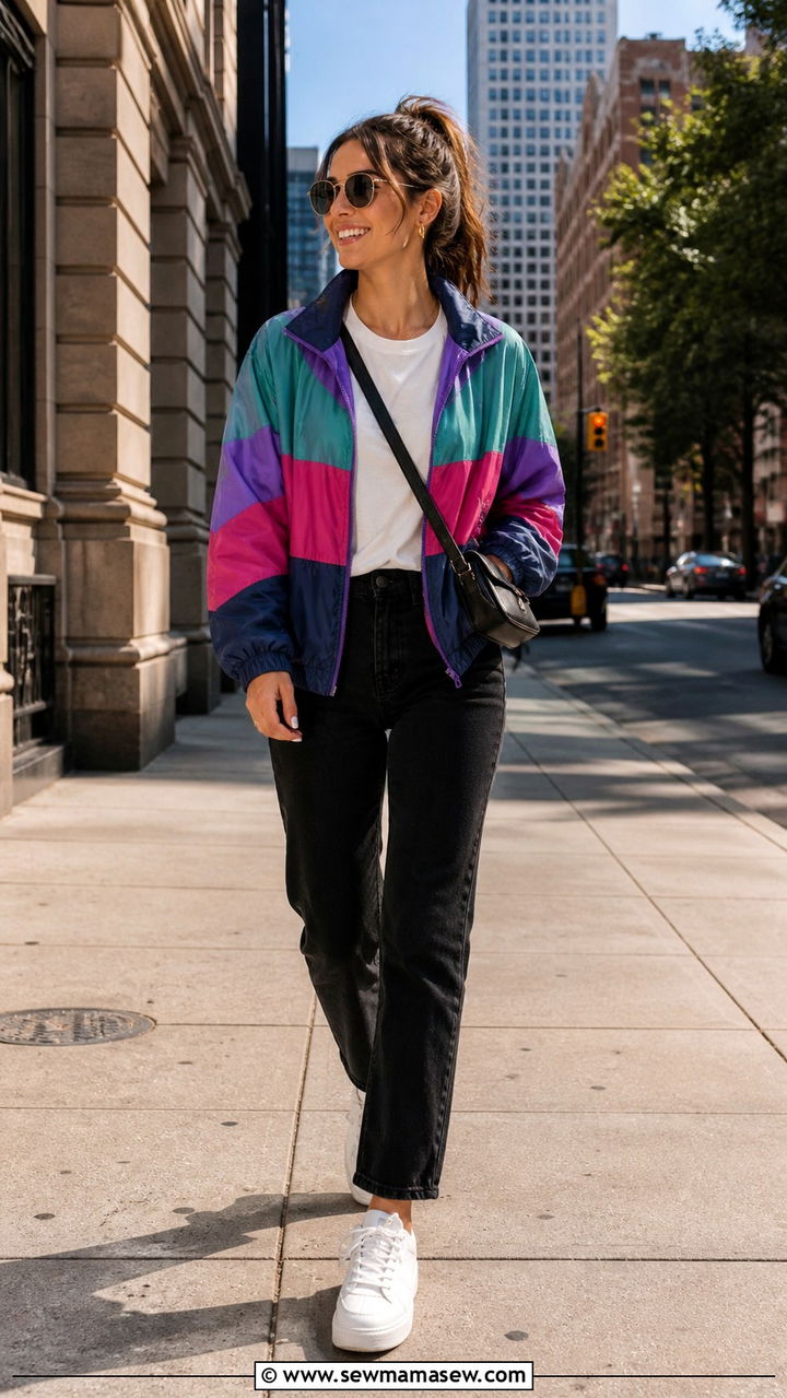 Color block windbreaker and black jeans outfit - 40 windbreaker outfits