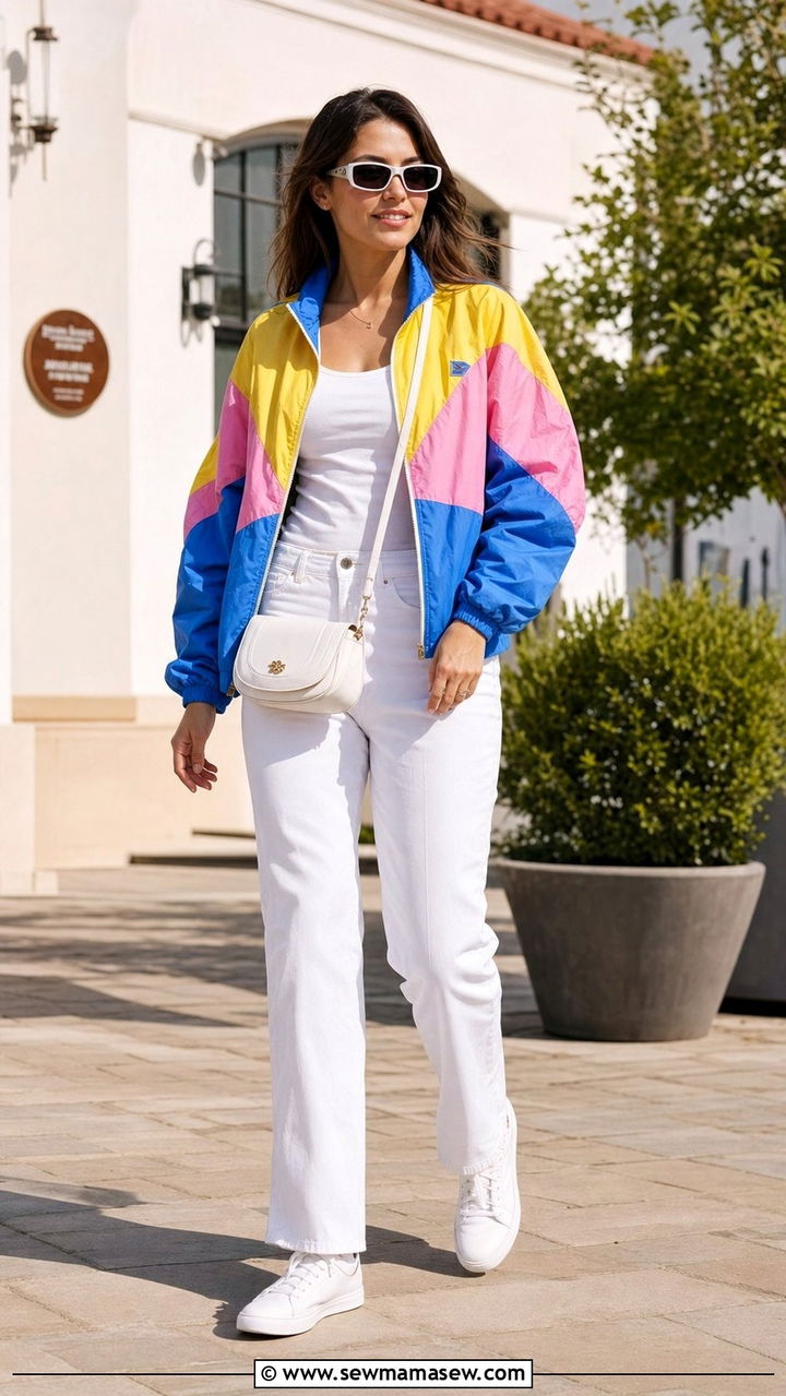 Color block windbreaker with white jeans and sneakers - 25 spring mode sportif outfit ideas