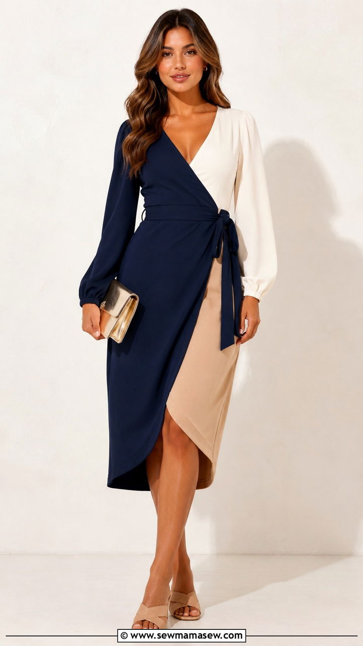 Color block wrap dress with heeled mules - 30 Outfit ideas for apple shape