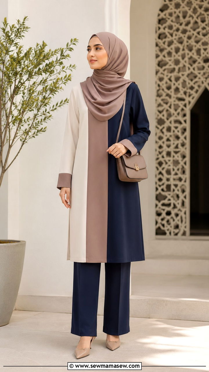Color blocked longline tunic with straight trousers - 20 Modest outfit ideas for mosque visit