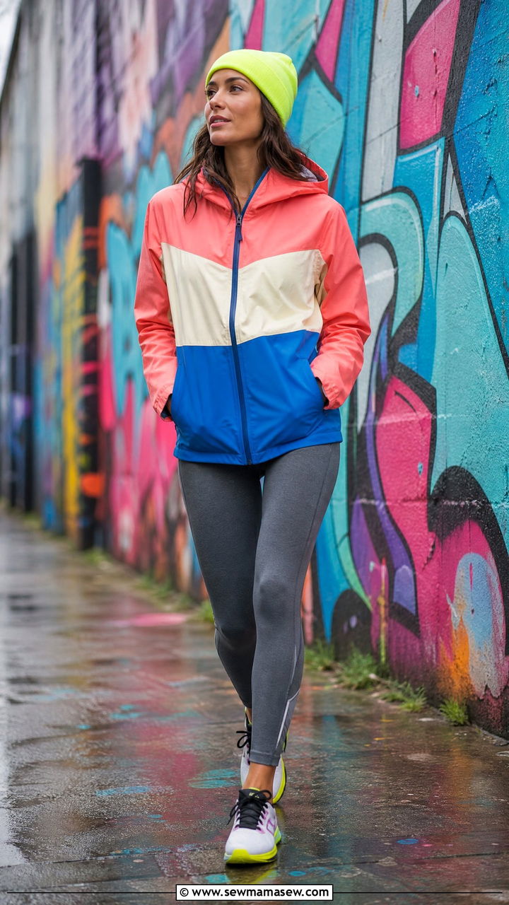 ColorBlock Rain Jacket With Neutral Tights and Bright Accessories - 25 Running outfit ideas rainy weather