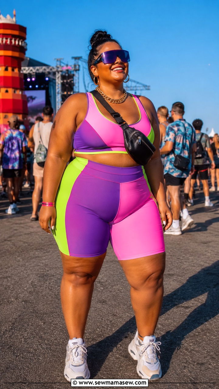 Colorblock Biker Shorts Set With Sporty Accessories And Futuristic Sunglasses - 30 Plus size outfit ideas for festival